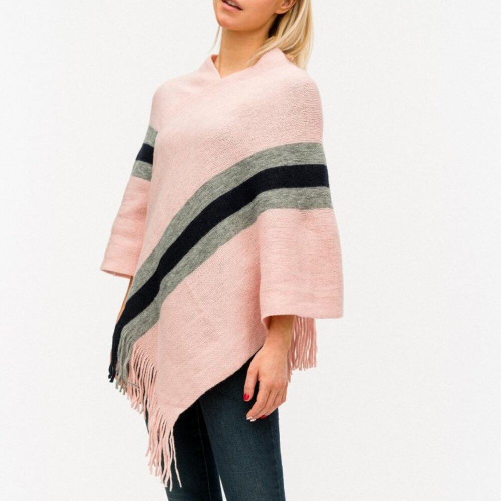 Fringed Knit Poncho – Pink, Black & White Stripe